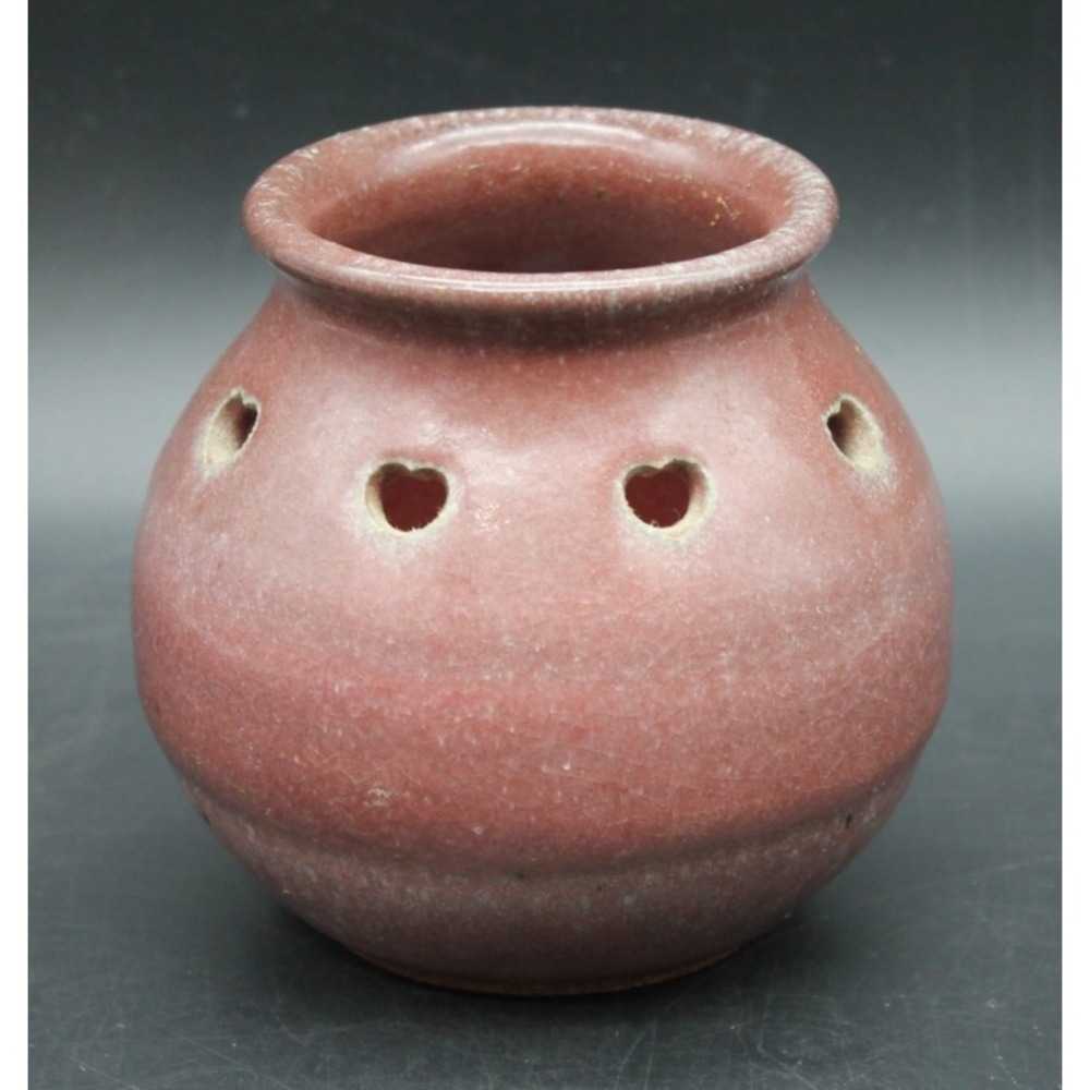 Handmade Pottery Tea Light Candle Holder Red Brown Heart Cutout Luminary 4"